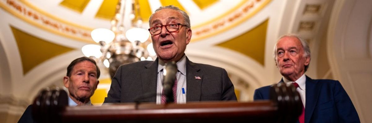 U.S. Senate Majority Leader Chuck Schumer (D-N.Y.)—flanked by Sens. Richard Blumenthal (D-Conn.) and Ed Markey (D-Mass.)