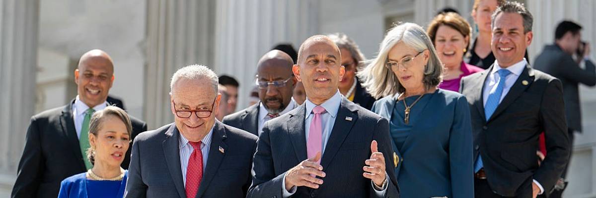 U.S.Senate Minority Leader Chuck Schumer (D-N.Y.) and House Minority Leader Hakeem Jeffries (D-N.Y.) arrive with other members of party leadership