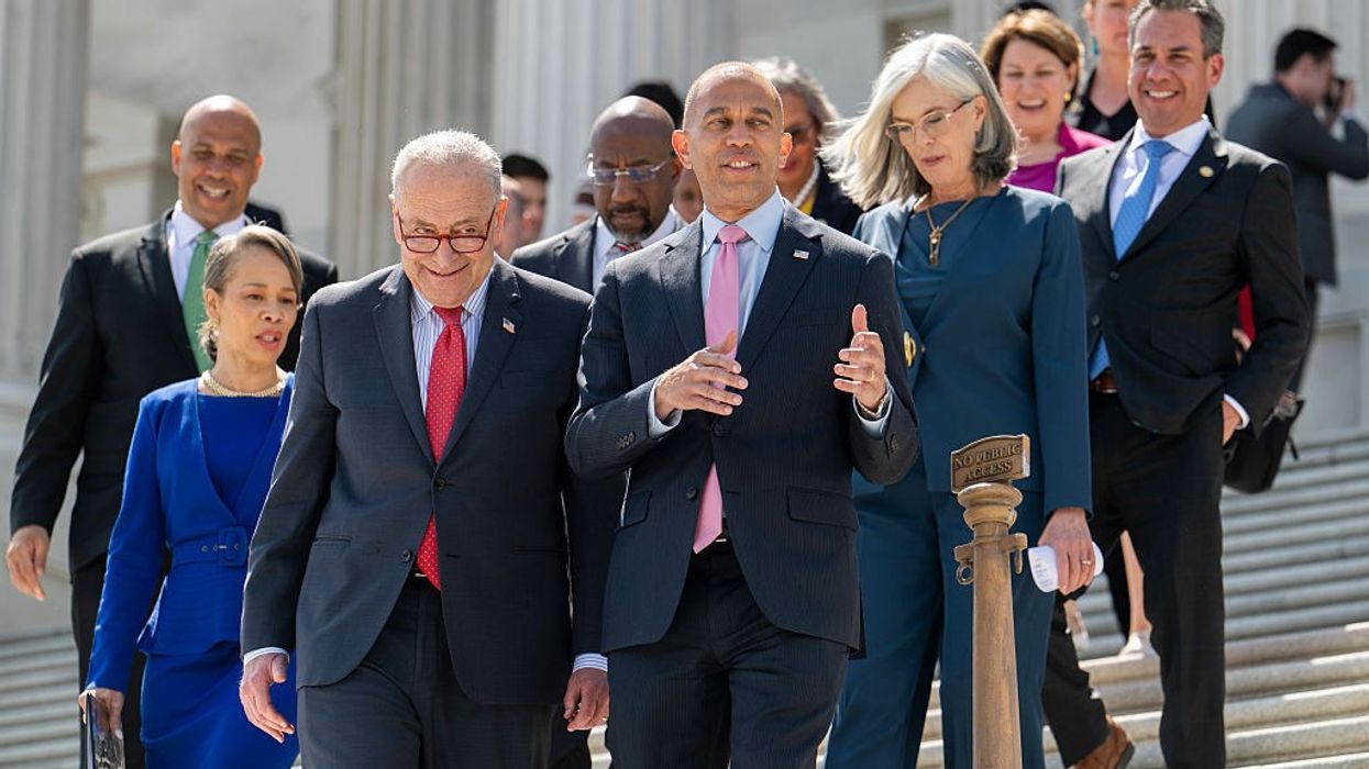 U.S.Senate Minority Leader Chuck Schumer (D-N.Y.) and House Minority Leader Hakeem Jeffries (D-N.Y.) arrive with other members of party leadership