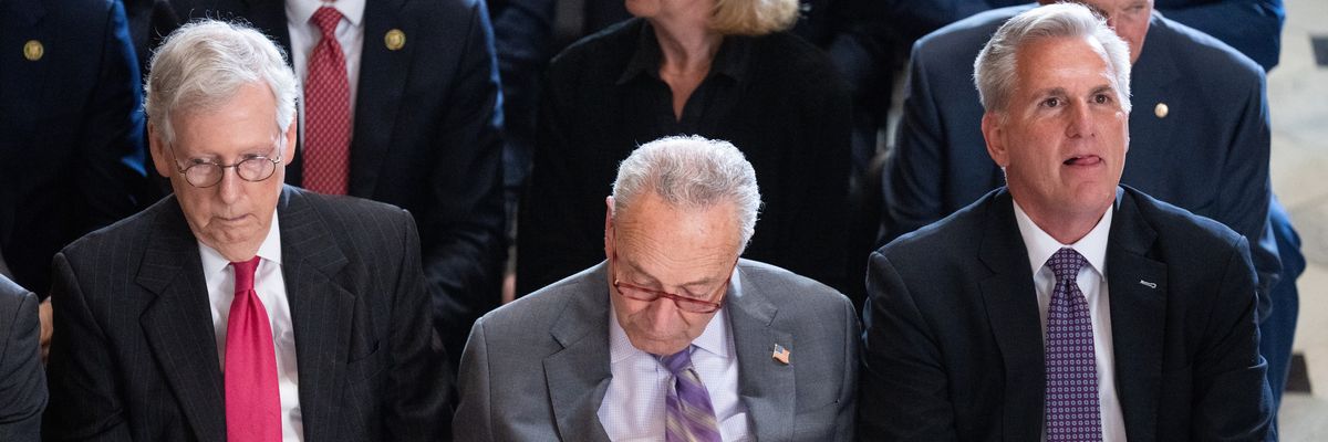 U.S. Senate Minority Leader Mitch McConnell (R-Ky.), Senate Majority Leader Chuck Schumer (D-N.Y.), and Speaker of the House Kevin McCarthy (R-Calif.) attend an event in the National Statuary Hall in the Capitol on May 17, 2023