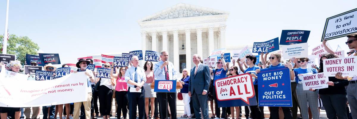 U.S. Senator Jeff Merkley (D-OR) speaks during an event with Senate Democrats to unveil a constitutional amendment to overturn Citizens United in front of the U.S. Supreme Court in Washington, DC.