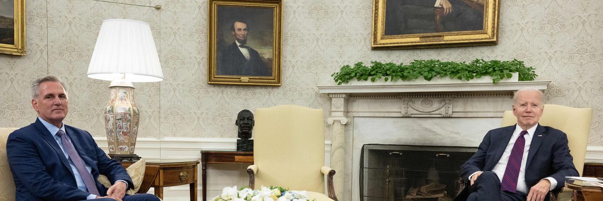 U.S. Speaker of the House Kevin McCarthy (R-Calif.) and other congressional leaders meet with President Joe Biden in the Oval Office of the White House in Washington, DC, on May 9, 2023.
