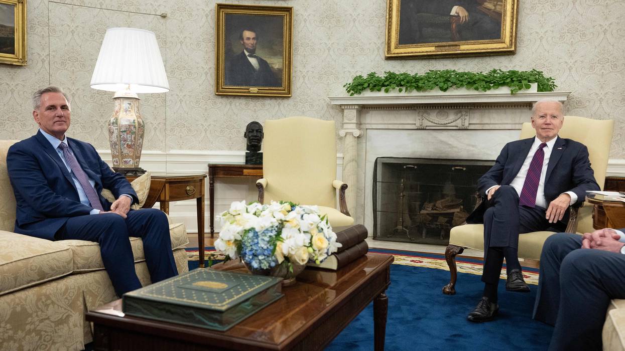 U.S. Speaker of the House Kevin McCarthy (R-Calif.) and other congressional leaders meet with President Joe Biden in the Oval Office of the White House in Washington, DC, on May 9, 2023.