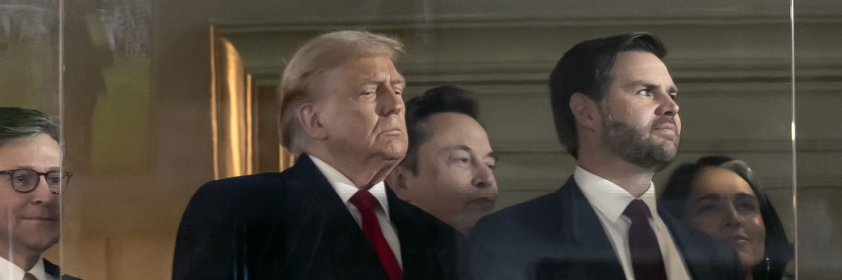 U.S. Speaker of the House Mike Johnson, President-elect Donald Trump, Tesla CEO Elon Musk, Vice President-elect JD Vance, and Trump's nominee to be Director of National Intelligence former U.S. Rep. Tulsi Gabbard.