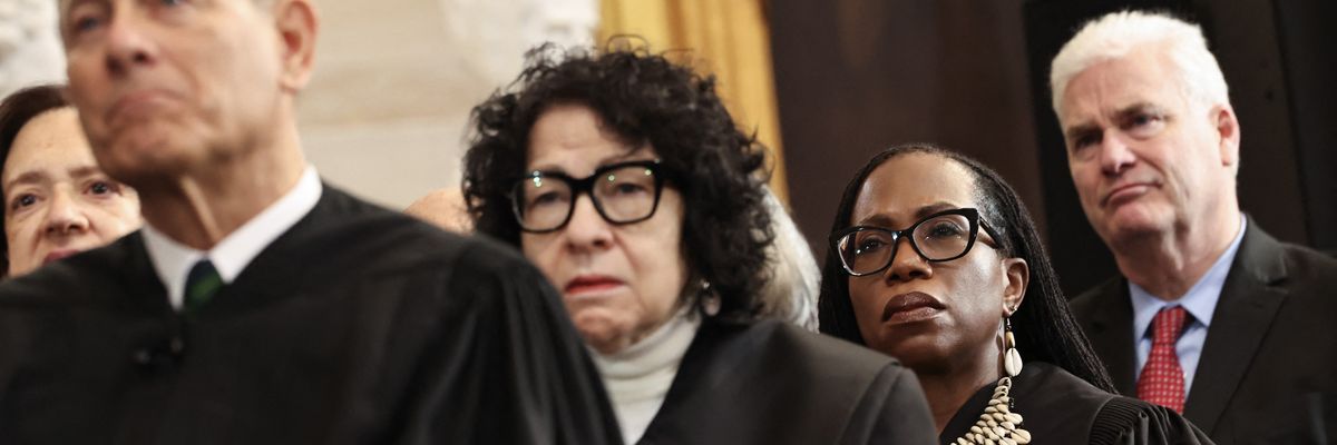 U.S. Supreme Court Chief Justice John Roberts (left), U.S. Supreme Court Associate Justice Sonia Sotomayor (center) and U.S. Associate Supreme Court Justice Ketanji Brown Jackson (right)