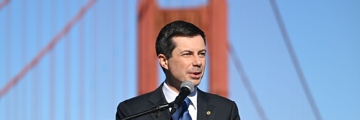 U.S. Transportation Secretary Pete Buttigieg speaks during a press conference highlighting the federal government's investments in infrastructure on January 23, 2023 in San Francisco.