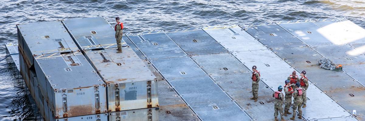 U.S. troops prepare components of the Gaza aid pier