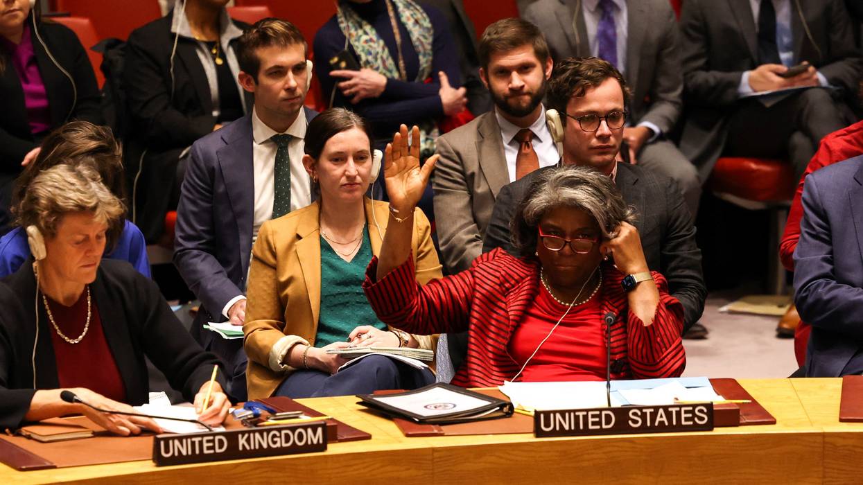 U.S. U.N. Ambassador Linda Thomas-Greenfield raises her hand to abstain