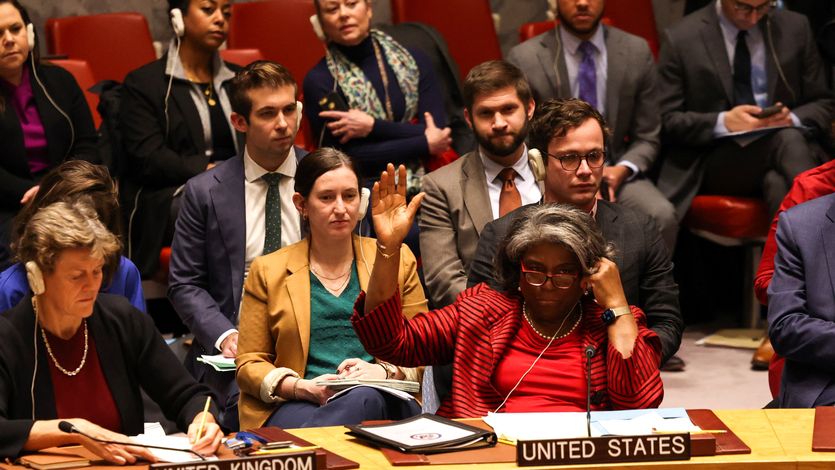 U.S. U.N. Ambassador Linda Thomas-Greenfield raises her hand to vote. 