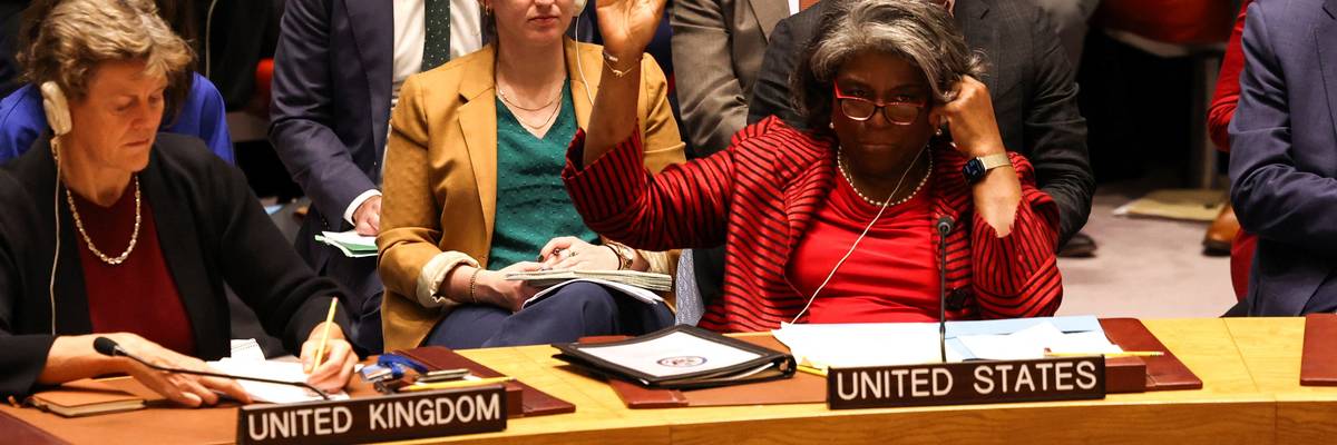 U.S. U.N. Ambassador Linda Thomas-Greenfield raises her hand to vote.