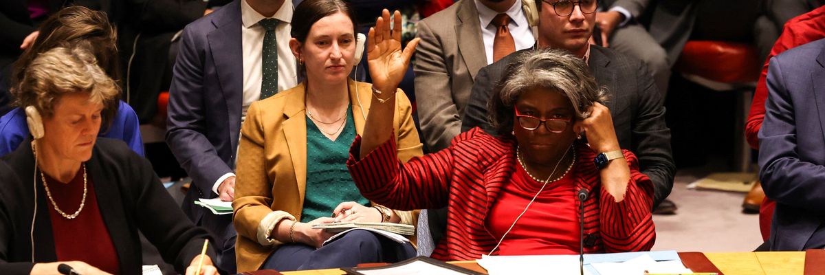 U.S. U.N. Ambassador Linda Thomas-Greenfield raises her hand to vote.