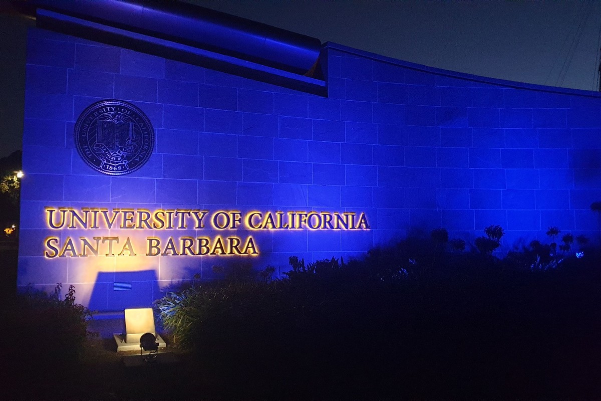 UCSB entrance at night.