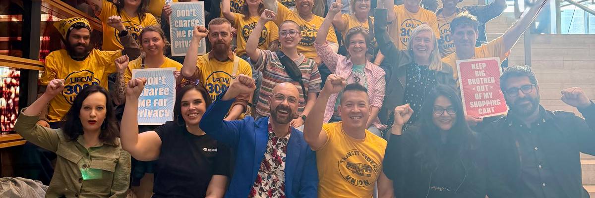 UFCW 3000 members celebrate Seattle surveillance pricing ban.