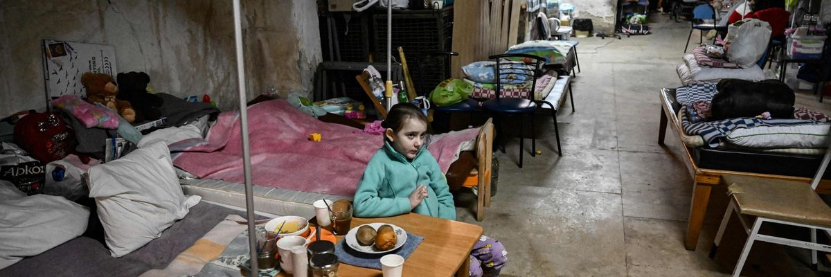 Ukrainian child in a bomb shelter