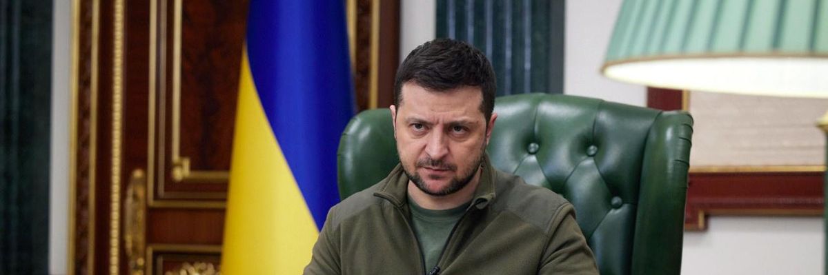 Ukrainian President Volodymyr Zelenskyy delivers a speech