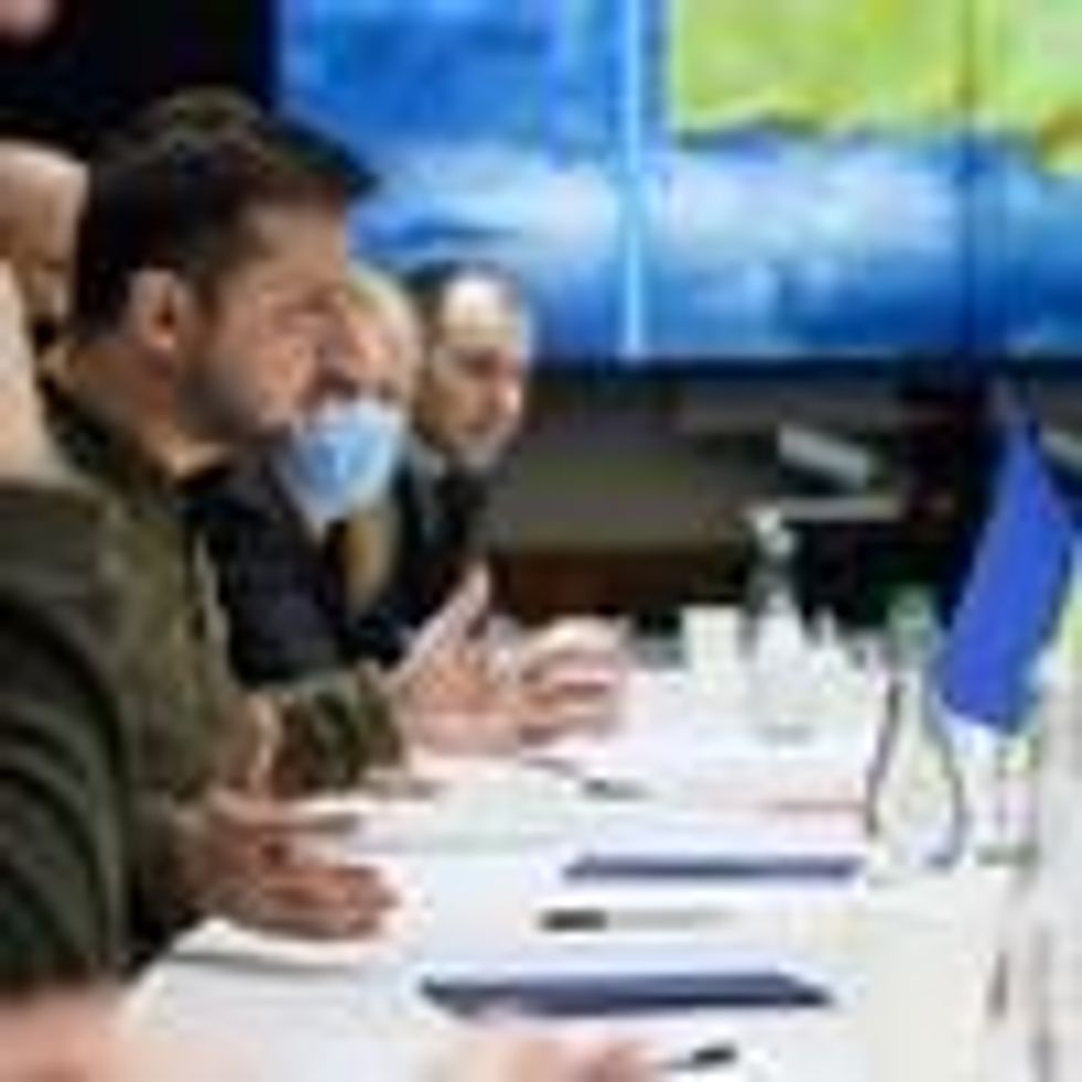 Ukrainian President Volodymyr Zelenskyy speaks during a meeting in Kyiv