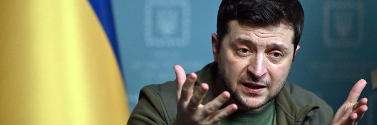 Ukrainian President Volodymyr Zelenskyy speaks during a press conference in Kyiv on March 3, 2022.