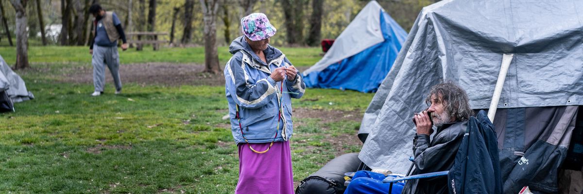 Unhoused senior citizens Kim Morris and Kevin Gevas