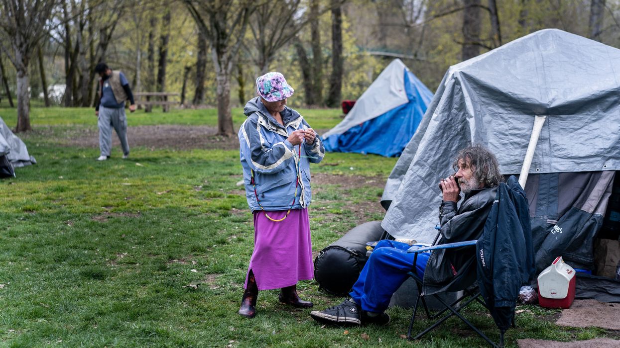 Unhoused senior citizens Kim Morris and Kevin Gevas