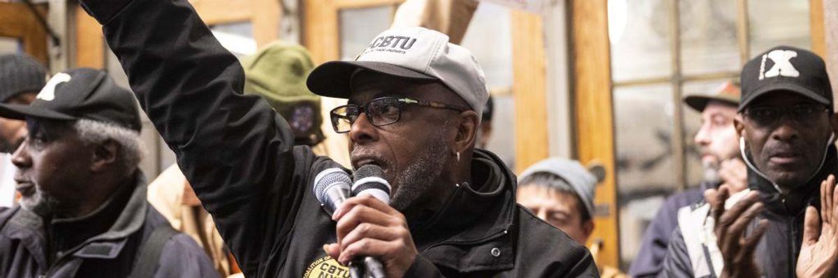 Union activists and workers' rights groups protest at Grand Central Terminal in New York