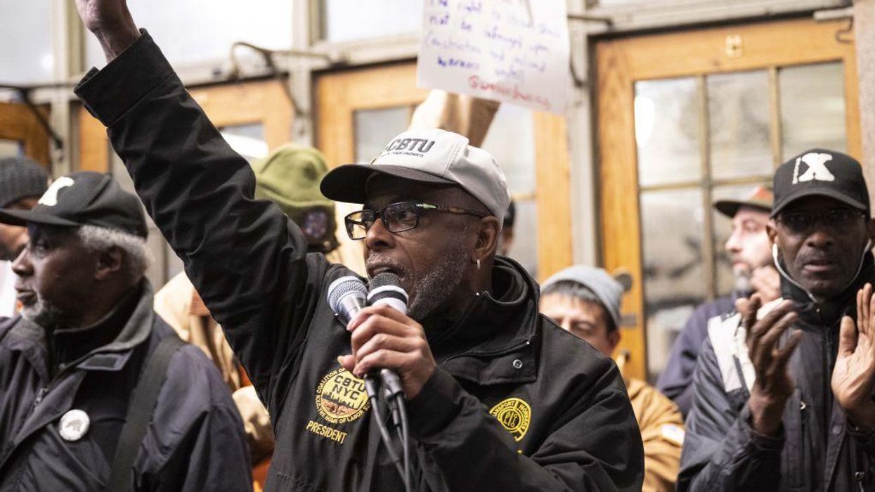 Union activists and workers' rights groups protest at Grand Central Terminal in New York