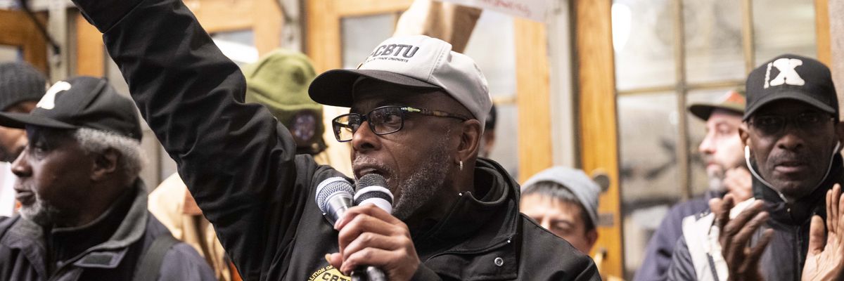 Union activists and workers' rights groups protest at Grand Central Terminal in New York