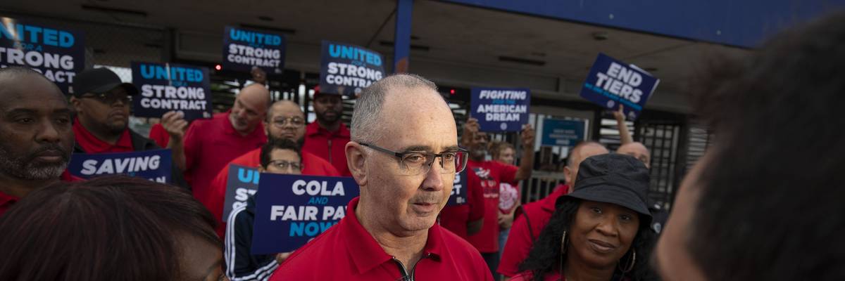United Auto Workers president Shawn Fain speaks to reporters
