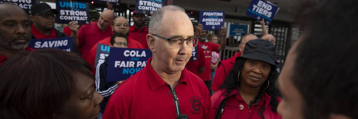 United Auto Workers president Shawn Fain speaks to reporters