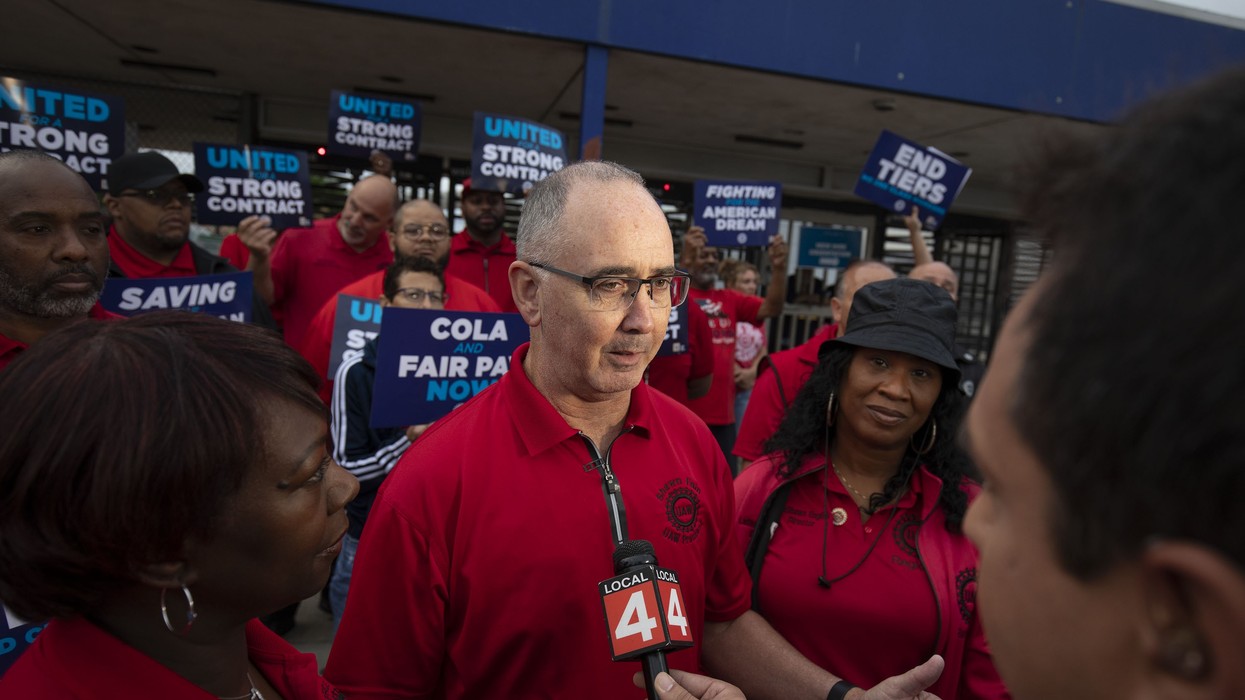 United Auto Workers president Shawn Fain speaks to reporters