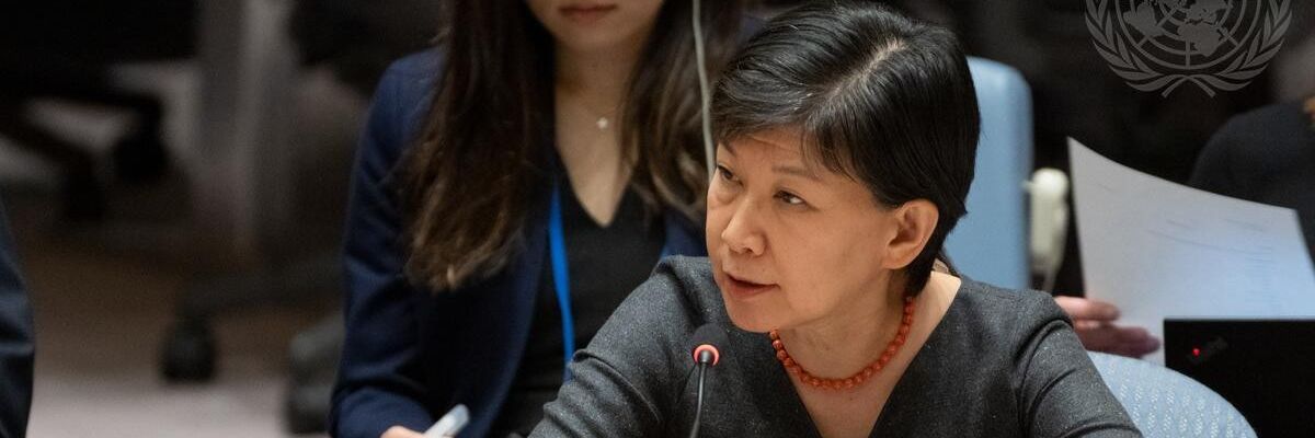 United Nations High Representative for Disarmament Affairs Izumi Nakamitsu briefs the U.N. Security Council on threats to international peace and security on March 31, 2023.