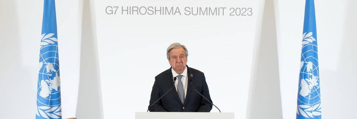 United Nations Secretary-General António Guterres briefs reporters during a Group of Seven summit in Hiroshima, Japan on May 21, 2023.