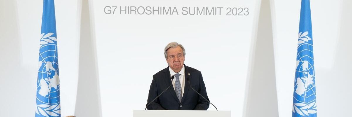 United Nations Secretary-General António Guterres briefs reporters during a Group of Seven summit in Hiroshima, Japan on May 21, 2023.