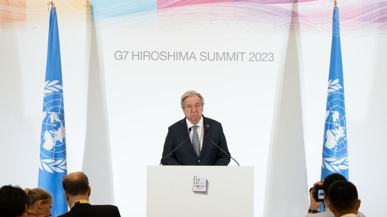 United Nations Secretary-General António Guterres briefs reporters during a Group of Seven summit in Hiroshima, Japan on May 21, 2023.