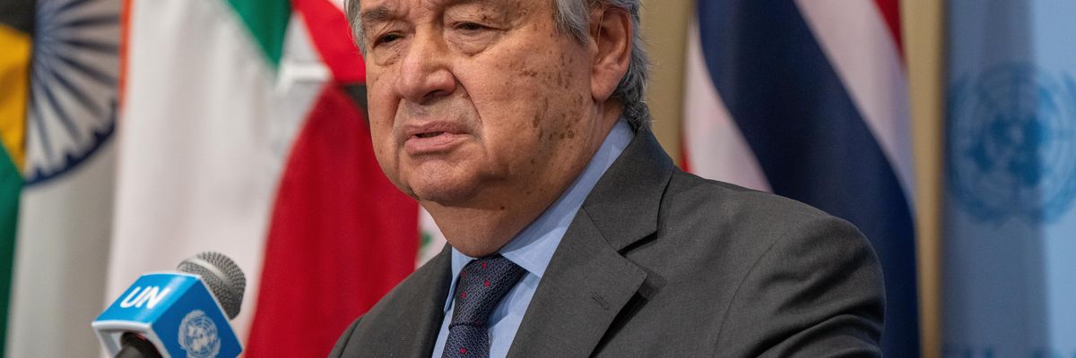 United Nations Secretary-General António Guterres speaks after the U.N. Security Council's emergency meeting to discuss the threat of a full-scale invasion of Ukraine by Russia on February 23, 2022 in New York City.