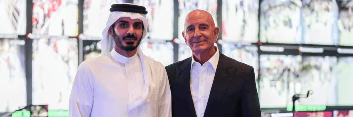 US Ambassador Tom Barrack poses for a photo with Qatari Interior Minister Sheikh Khalifa bin Hamad bin Khalifa Al Thani