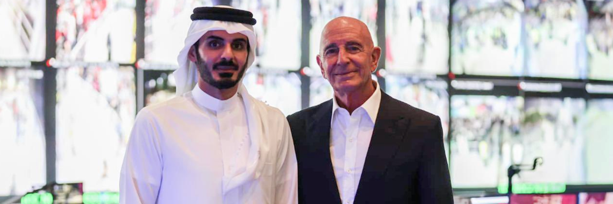 US Ambassador Tom Barrack poses for a photo with Qatari Interior Minister Sheikh Khalifa bin Hamad bin Khalifa Al Thani