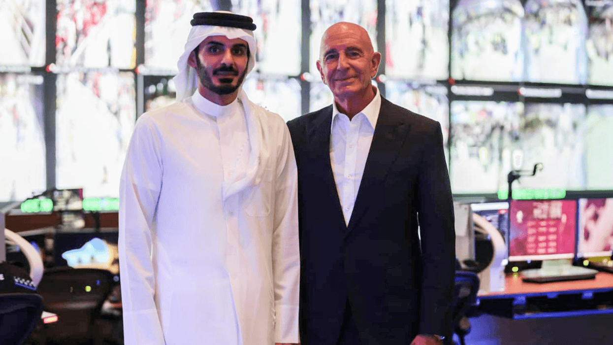 US Ambassador Tom Barrack poses for a photo with Qatari Interior Minister Sheikh Khalifa bin Hamad bin Khalifa Al Thani