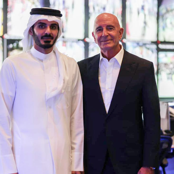 US Ambassador Tom Barrack poses for a photo with Qatari Interior Minister Sheikh Khalifa bin Hamad bin Khalifa Al Thani