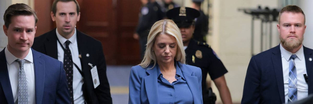 US Attorney General Pam Bondi departs a closed-door briefing with senators
