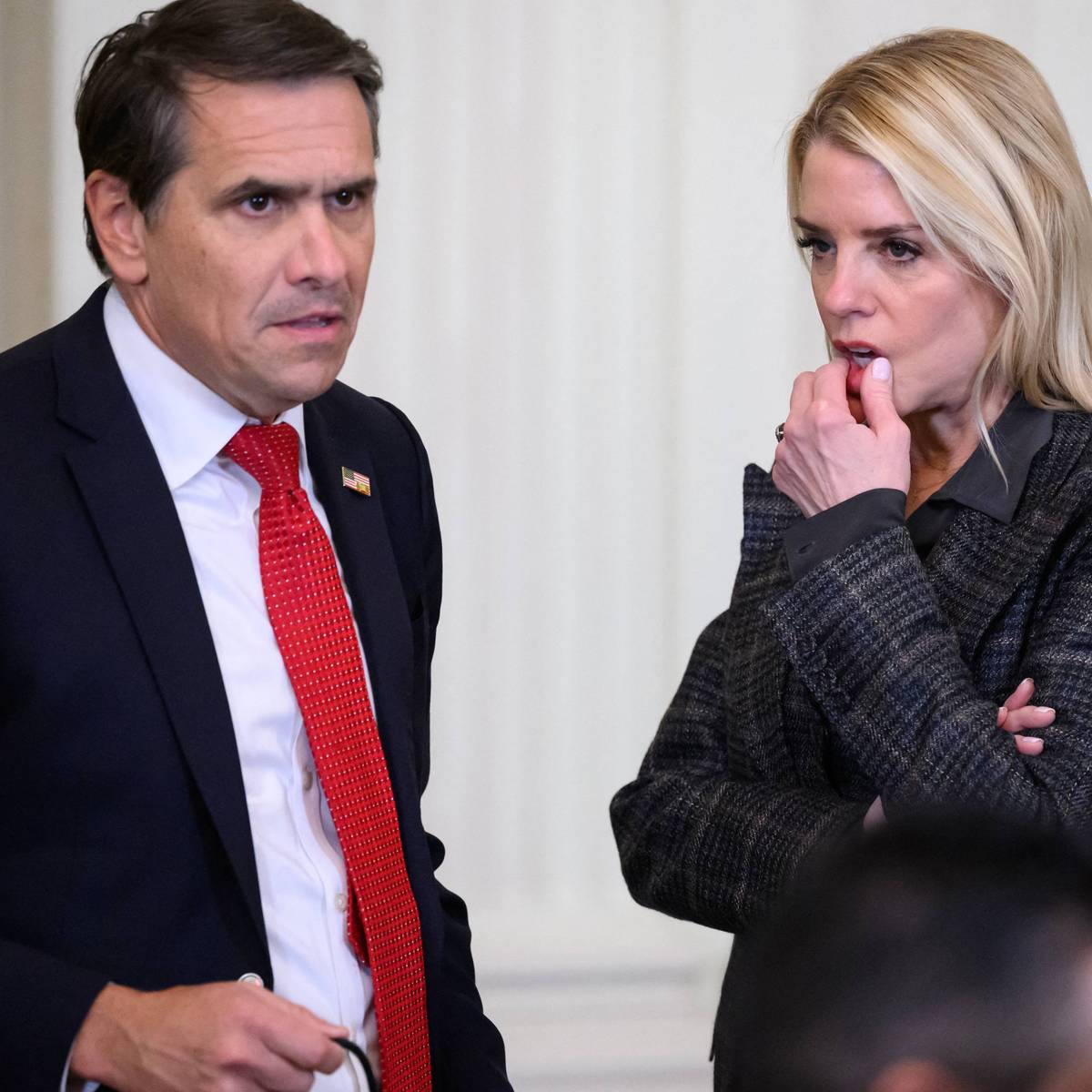 US Attorney General Pam Bondi speaks with Deputy Attorney General Todd Blanche