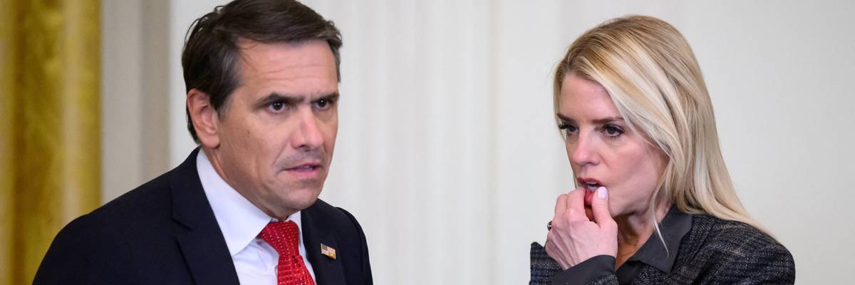 US Attorney General Pam Bondi speaks with Deputy Attorney General Todd Blanche