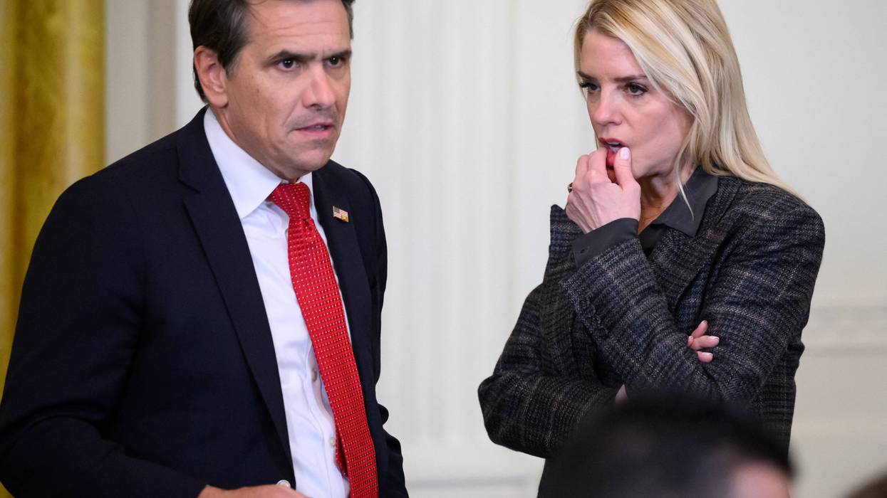 US Attorney General Pam Bondi speaks with Deputy Attorney General Todd Blanche