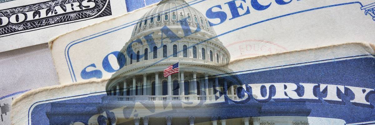 US capitol in Washington DC with a Social Security card and money