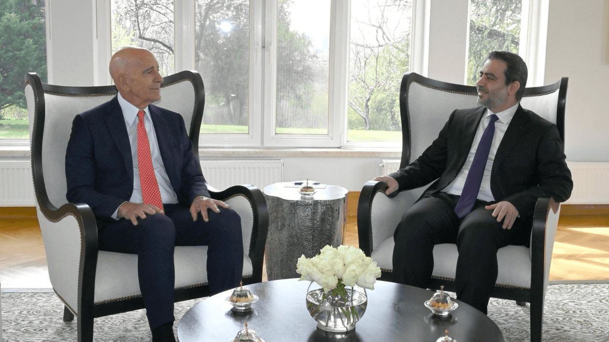 US envoy to Syria Tom Barrack speaks with Syrian Foreign Minister Asaad al-Shaibani.