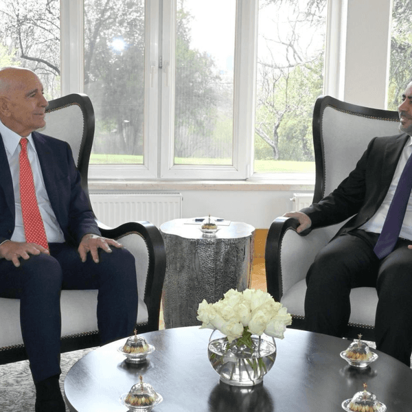 US envoy to Syria Tom Barrack speaks with Syrian Foreign Minister Asaad al-Shaibani.