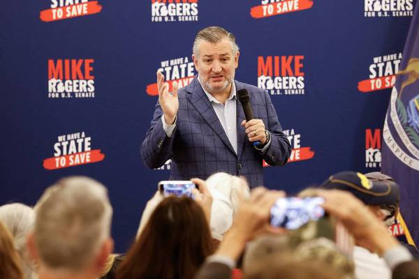 US Senator Ted Cruz (R-Texas) speaks during a campaign rally with Republican candidate for US Senate Mike Rogers at Grosse Point Victory Center in Grosse Point Woods, Michigan, on October 28, 2026