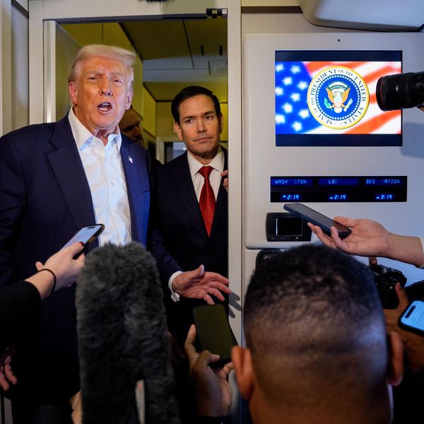 US President Donald Trump, accompanied by Secretary of State Marco Rubio
