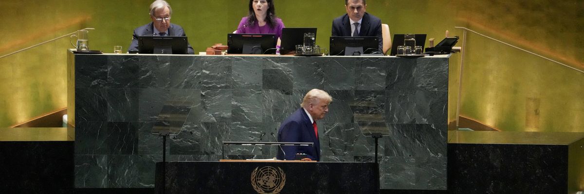US President Donald Trump departs after delivering remarks to the United Nations General Assembly