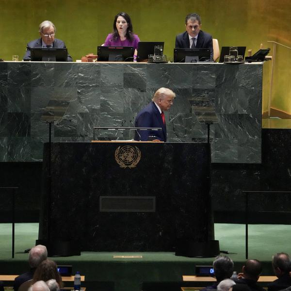 US President Donald Trump departs after delivering remarks to the United Nations General Assembly