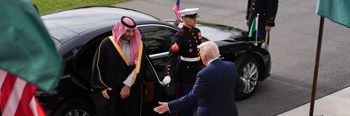 US President Donald Trump greets Saudi Crown Prince Mohammed bin Salman